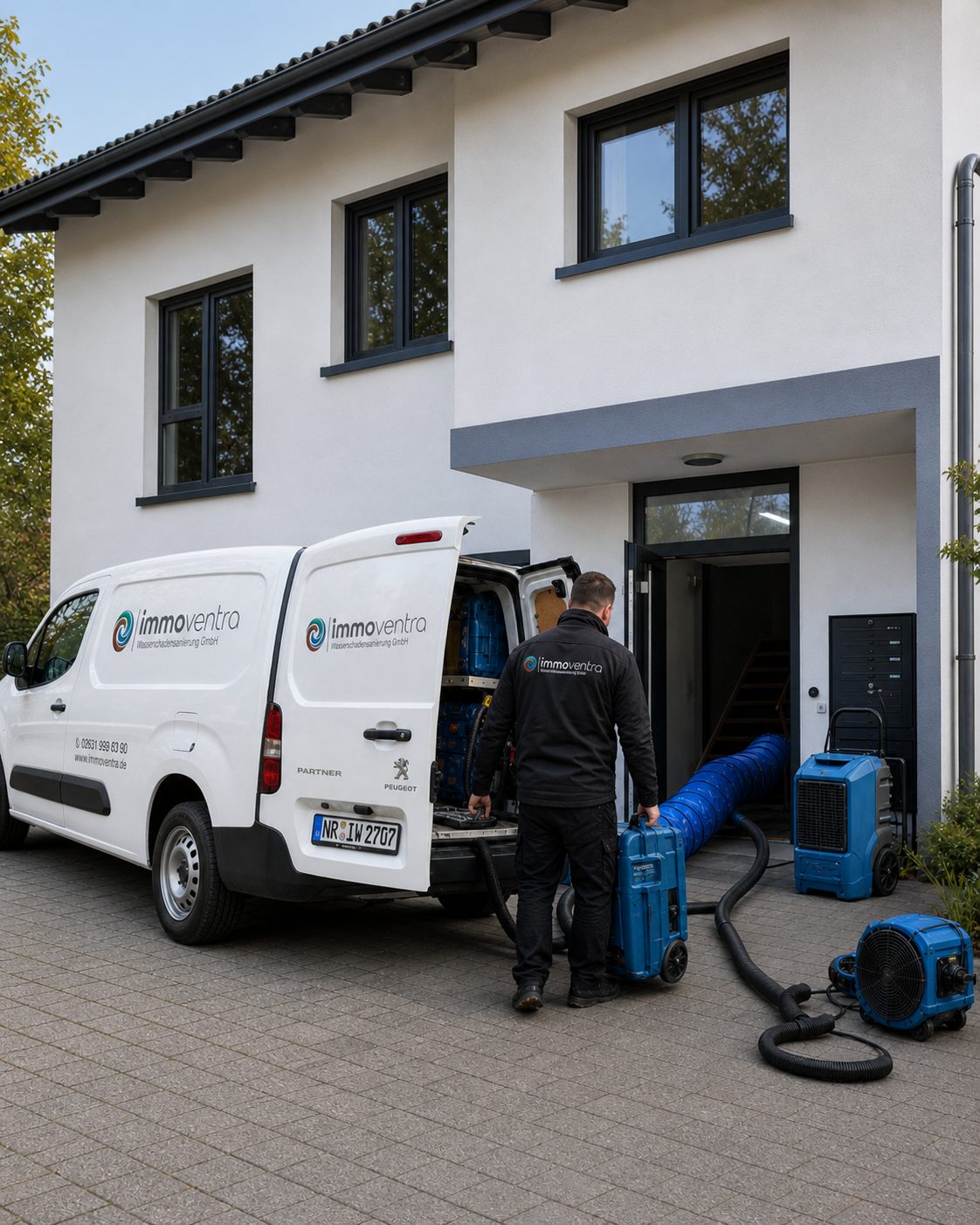 Immoventra Servicefahrzeug mit Trocknungsgeräten am Einsatzort